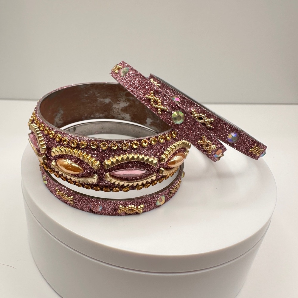 Vintage 90s Pink Glitter Bangle Bracelet Set Rhinestone Boho Women's Jewelry